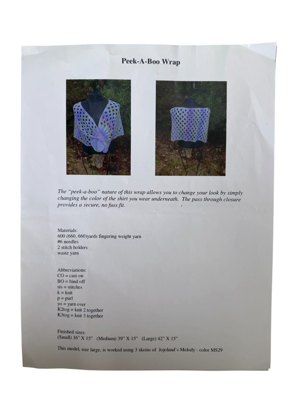 KNIT KNACKS Peek-a-Boo Wrap Knitting Pattern S-M-L Sweater Coverup Cardigan